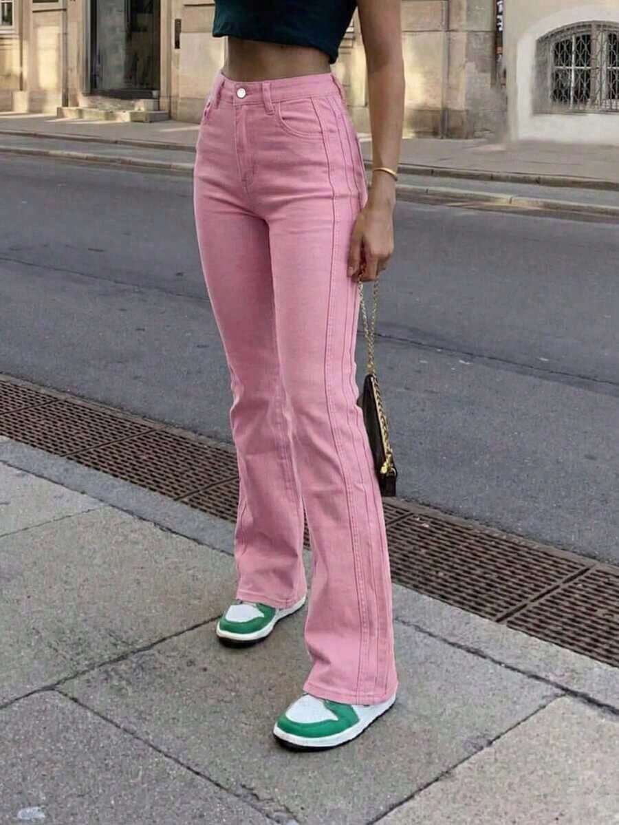 Jeans acampanados con bolsillos para mujer, estilo casual de otoño y primavera - Rosa - Ver 1