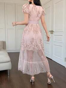 Vestido de tirantes, con volantes, estampado floral diminuto, con cuello de pico, estilo para ir al trabajo, vestido largo - Rosa - Ver 2