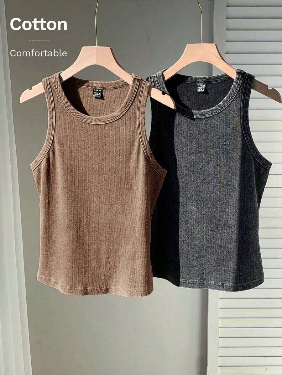 Conjunto de 2 piezas de suéter sin mangas de mujer de algodón con efecto desgastado y teñido ácido en dos tonos vintage - Caqui - Ver 1