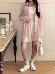 Camisa casual/escolar holgada a rayas para mujer, top de manga larga de estilo preppy para mujer, ropa de otoño - Rosa Pálido - Ver 4