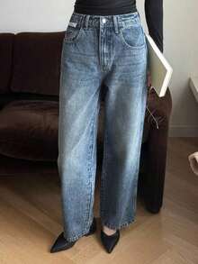 Pantalones vaqueros de pierna ancha con bolsillo en diagonal, pantalones vaqueros anchos - Azul lavado medio 3 - Ver 4