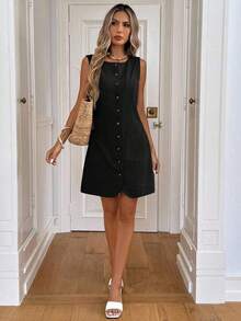 Vestido mini casual de mujer con botones y bolsillo - Negro - Ver 7