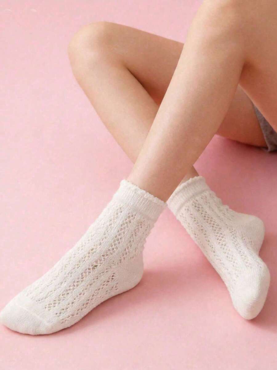 5 Pairs Women's Short Mesh Socks, Breathable & Comfortable, Cute School Style - White - View 1