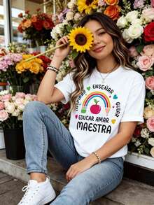 Ropa de mujer blusa camisas de mujer blusas bonitas para dama, blusas casuales para dama camiseta con estampado de "Maestra" con arcoíris y manzana para maestras y educadoras, ropa adorable camisas y2k tops holgados para mujer manga corta cuello redondo ajuste holgado para todas las estaciones, lavable a máquina tejido elástico transpirable 100% algodón ideal para ocio diario deportes y fitness viajes y desplazamientos, artículos del almacén local envío gratuito vintage top para mujer casual, 2026 New Arrival - Blanco - Ver 2