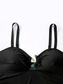 Traje de baño de una pieza con tirantes finos, cuello bajo y estampado de jacquard verde, talla grande talla, con pareo como conjunto de traje de baño de 2 piezas para vacaciones informales - Negro - Ver 7