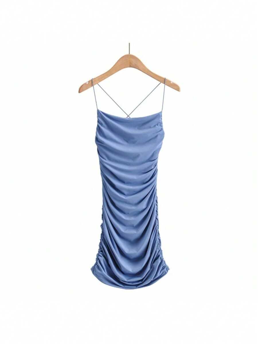 Vestido tirantes finos espalda super descubierta plisado elástico ajustado falda cadera estilo INS verano 2026 - Azul - Ver 1