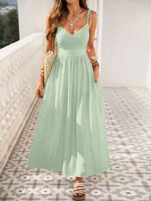 Vestido de playa para mujer con cuello en V, espalda descubierta, cintura ceñida y bajo suelto - Verde - Ver 6