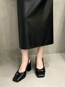 女士时尚高跟穆勒鞋，棕色粗跟露趾凉拖鞋，带绑带 - 黑色 - 查看 3