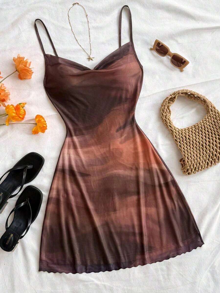 Vestido de tirantes con cuello drapeado y degradado de color para vacaciones de verano en la playa, atuendos de club, vestido sexy marrón otoñal de color café oscuro para mujeres - Multicolor 2 - Ver 1
