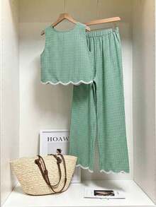 Frenchy Conjunto de 2 piezas de top sin mangas de cuello redondo a cuadros y pantalones para mujer - Verde - Ver 2