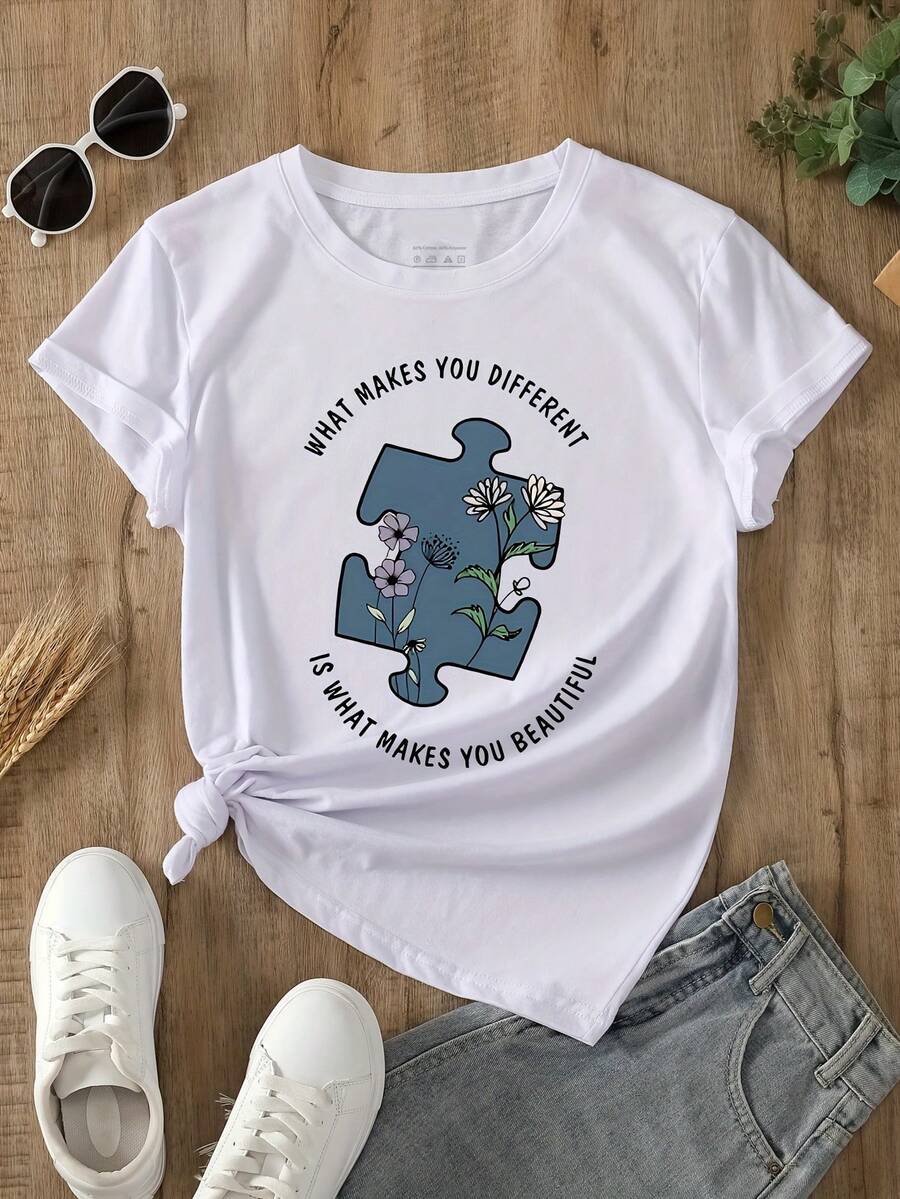Camiseta Casual de Manga Corta para Mujer, para Vacaciones de Verano -- Camiseta 'Ser Diferente es Hermoso' -- Camiseta con Temática de Concientización sobre el Autismo - Blanco - Ver 1