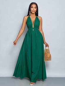 xheSOLERSUN Vestido largo de mujer de unicolor con escote halter en V, para vacaciones y playa, con espalda cruzada y anudada, para vacaciones y salidas a la playaxhe - Verde Oscuro - Ver 3