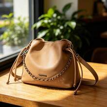 Women's Bucket Bag With Crossbody Chain Strap - Casual And Versatile Style - Khaki - View 3