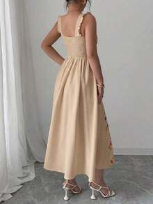 Vestido de línea A con estampado de patchwork en la cintura para mujer, elegante para vacaciones, viajes y uso diario, sin mangas - Caqui - Ver 2
