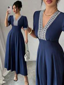 YHHElenzga Vestido corto de verano con mangas cortas, cintura con cinta y diseño de patchwork elegante para mujerYHH - Azul marino - Ver 3