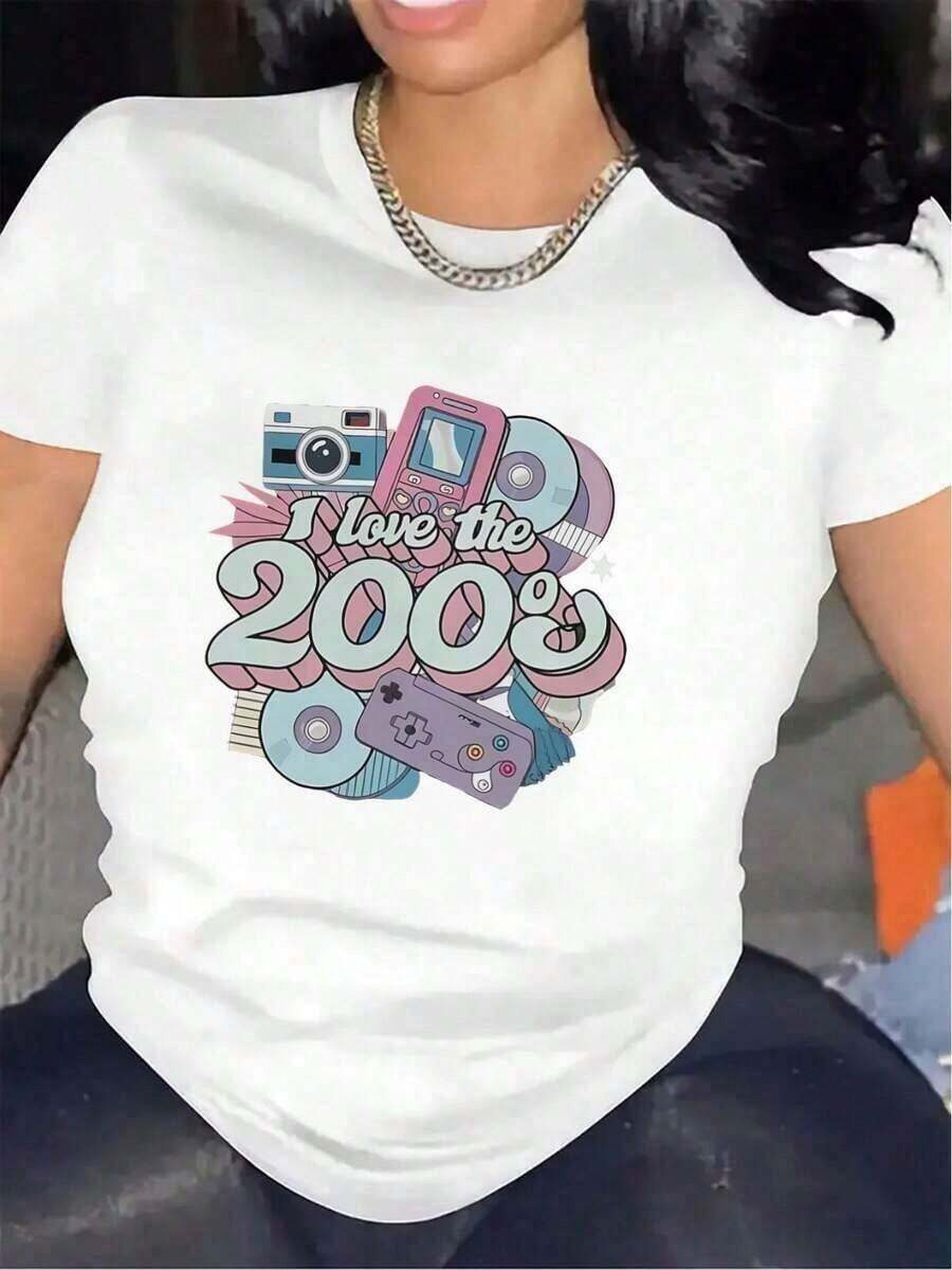 NewSummerCasual2026 New Summer Polyester T-Shirt, Featuring A Retro Design From The 2000s, Suitable For Parties And Everyday Wear, Durable And Comfortable, With Soft Fabric And Stylish Prints, Ideal For Lounging Or Outdoor Activities, Casual And Soft Short-Sleeved-Vintage Street Style Unisex Loose Cotton Short Sleeve Crew Neck T-Shirt - 白色 - 查看 1