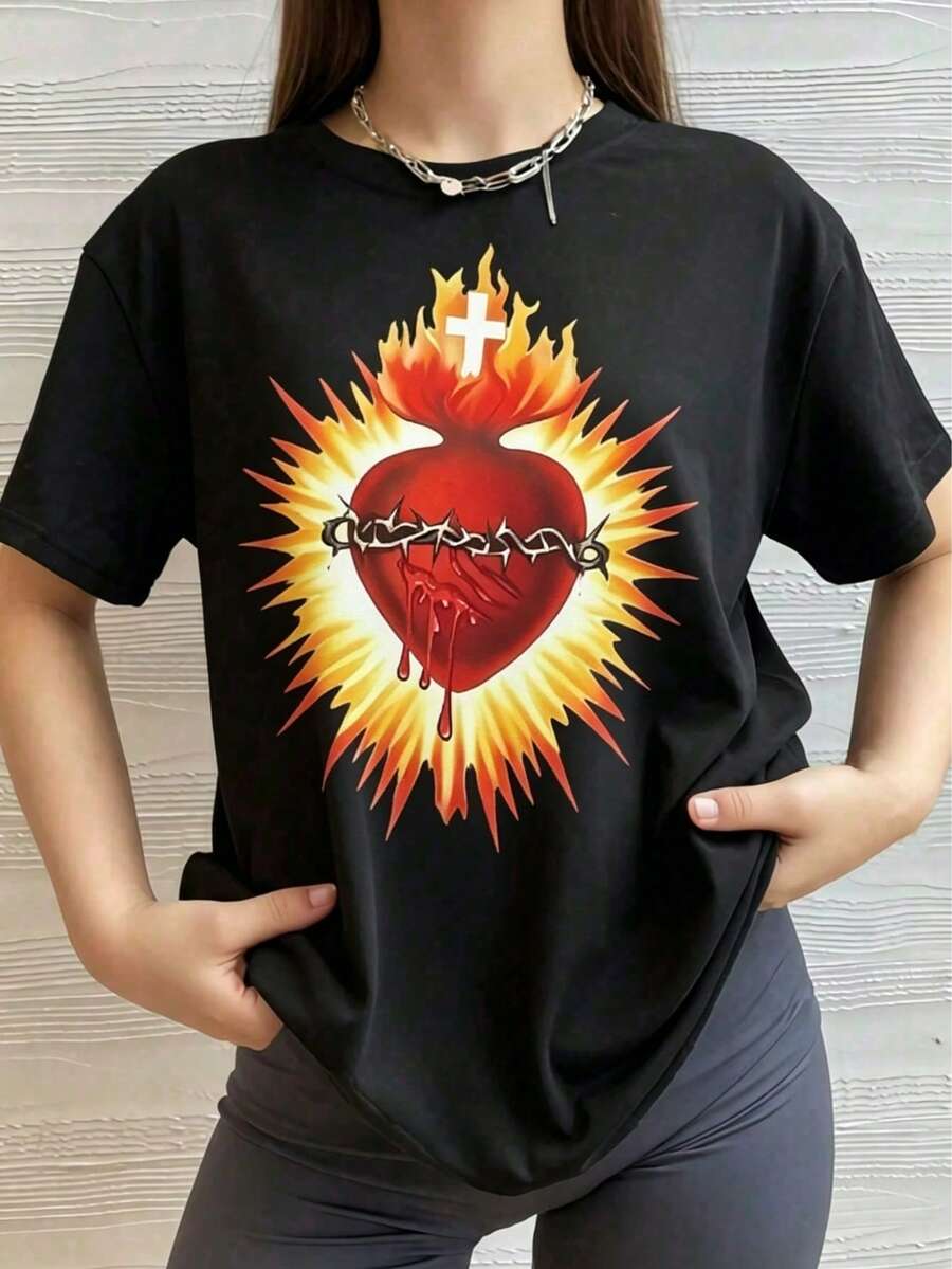 Camiseta de Mujer con Estampado Gráfico de Corazón Sagrado, Diseño Original y Moderno, Ideal para un Look Casual con un Toque de Estilo, Disponible en Varias Tallas y Colores. - Negro - Ver 1