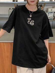 ropa de calor mujer Camiseta de hombros caídos con estampado de letra - Negro - Ver 3