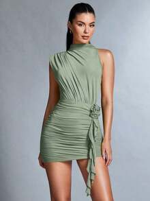 Vestido Plisado Con Decoración De Flores 3d Para Mujer - verde menta - Ver 3