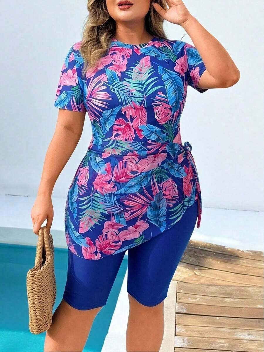 Swim Conjunto de traje de baño de mujer talla grande con parte superior estampada al azar y shorts de unicolor, talla grande una falda pareo con cintura anudada - Azul 2 - Ver 1
