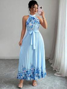 Vestido holgado de verano elegante con estampado floral y cuello halter para mujer - Azul - Ver 7