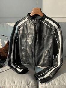 Chaqueta corta con cremallera lateral a rayas para uso diario, con efecto desgastado retro, perfecta para volver al colegio en otoño/invierno - Negro - Ver 1