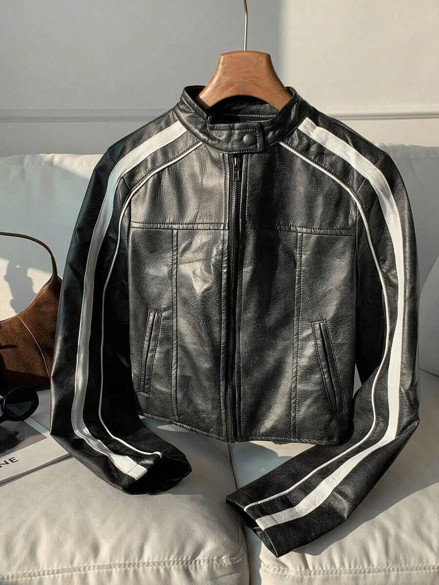Chaqueta corta con cremallera lateral a rayas para uso diario, con efecto desgastado retro, perfecta para volver al colegio en otoño/invierno - Negro - Ver 1