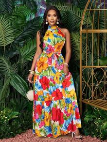 Vestido largo de mujer con estampado floral en todo el vestido, estilo halter con cinturón, fluido para vacaciones - Rojo - Ver 5