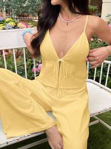 2 piezas de top de tirantes y pantalones de lino de verano para mujeres - amarillo ganso - Ver 4