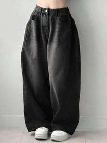 Jeans casuales de bolsillo de ajuste holgado de unicolor para mujer - Negro 2 - Ver 1