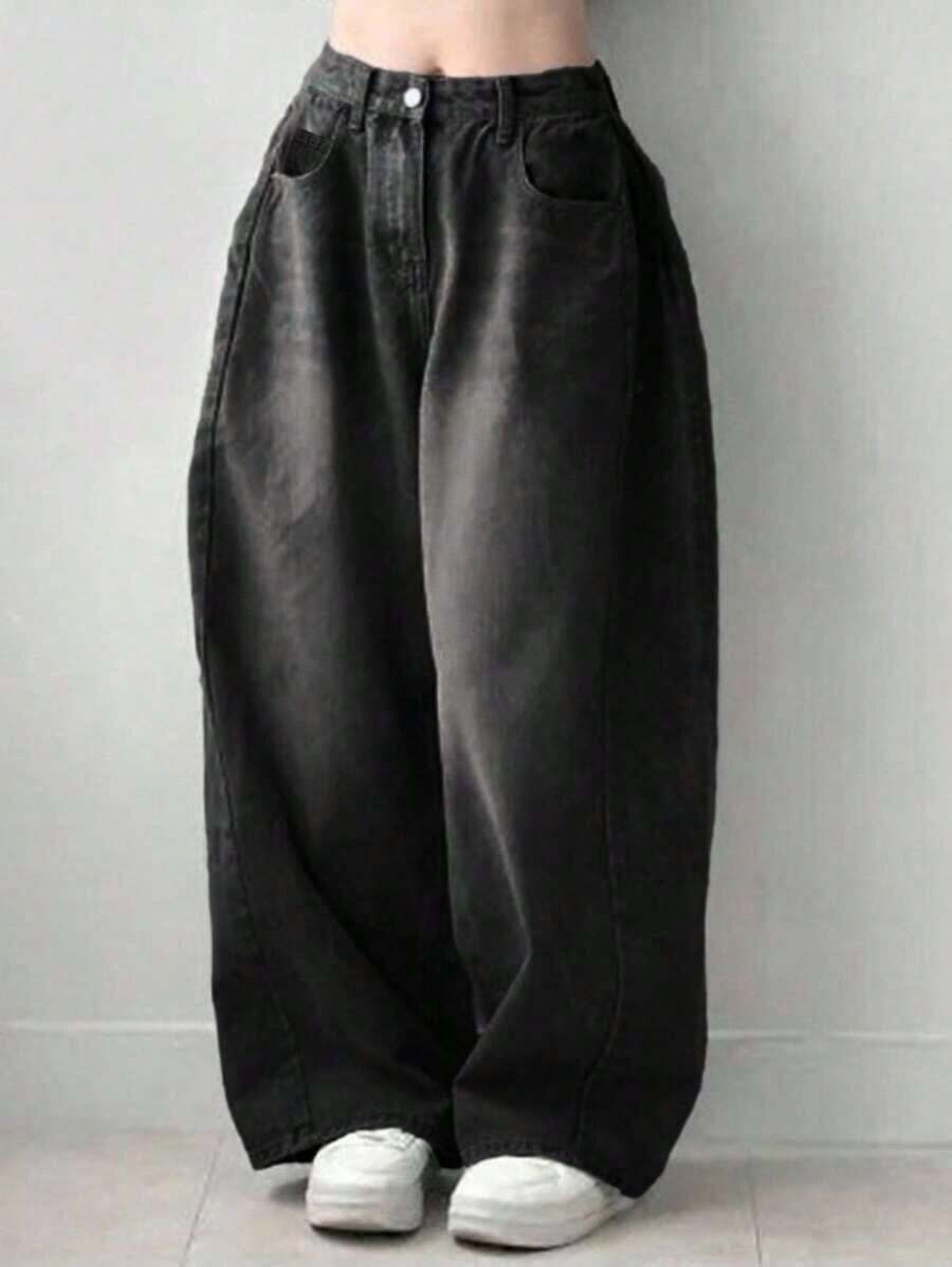 Jeans casuales de bolsillo de ajuste holgado de unicolor para mujer - Negro 2 - Ver 1
