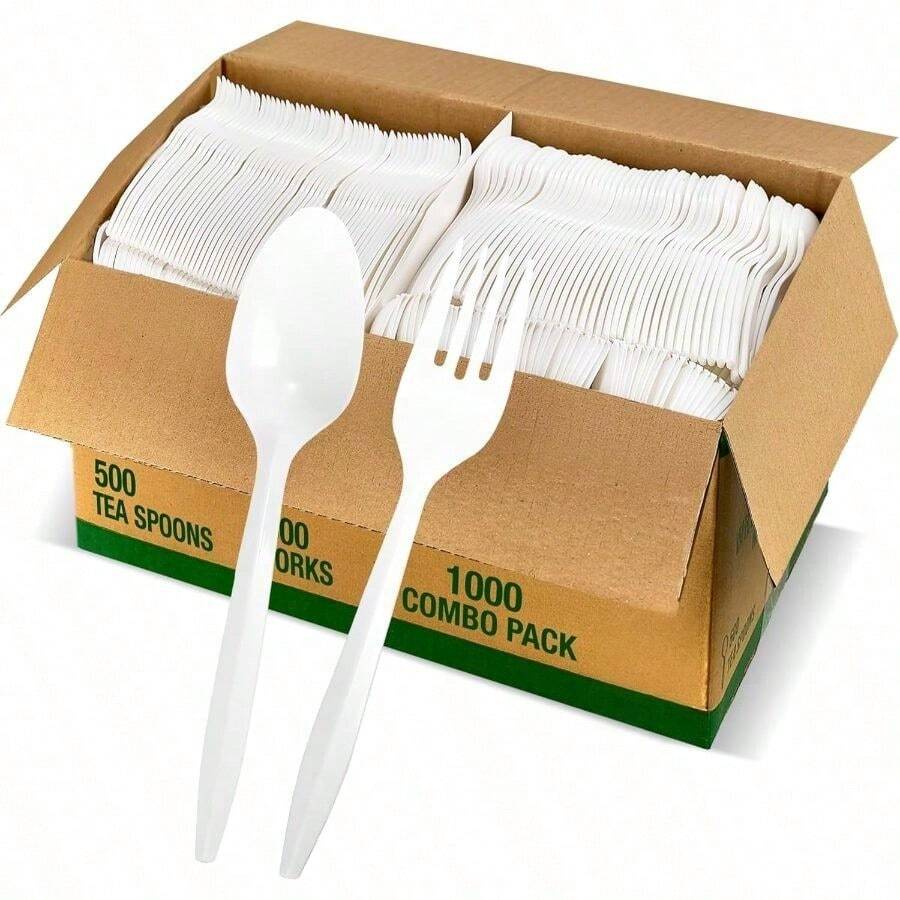 1000-Count Medium Weight White Plastic Cutlery Set, Disposable Teaspoons & Forks Combo Pack For Catering Events Parties Weddings & Food Service, Bulk Single-Use Tableware For Home & Commercial Use - White + 1000 - View 1