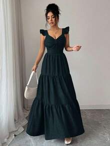 Elenzya Vestido largo de unicolor para mujer, vestido largo estilizante con cintura elástica y parches, elegante y de moda para uso diario, cenas y citas, primavera/verano - Verde - Ver 6