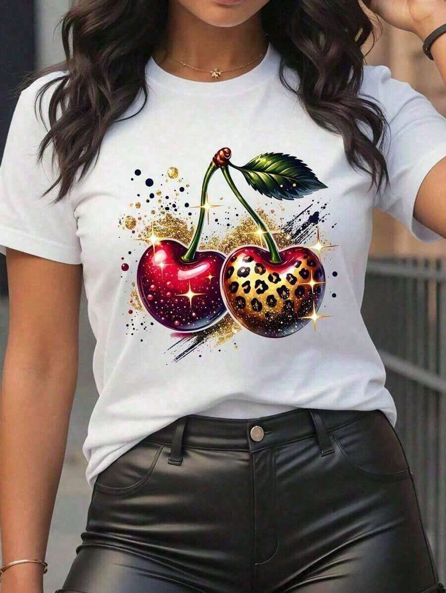 Women's Casual And Versatile Short-Sleeved T-Shirt With Cherry Print And Round Neck, Comfortable Summer Cotton Short-Sleeved T-Shirt For Men And Women - 白色的 - 查看 1