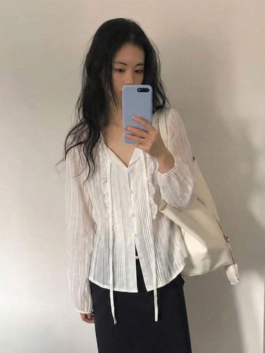 YCYC 甜美風百搭修身荷葉領緞帶百褶鈕扣長袖上衣 白色 - 白色 - 查看 1