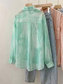Camisa de protección solar con efecto tie-dye dulce para mujer, de cuello de solapa y manga larga, informal para exteriores/vacaciones, holgada, transpirable y ligera, estilo camisa, color rosa, para primavera/verano - verde menta - Ver 3