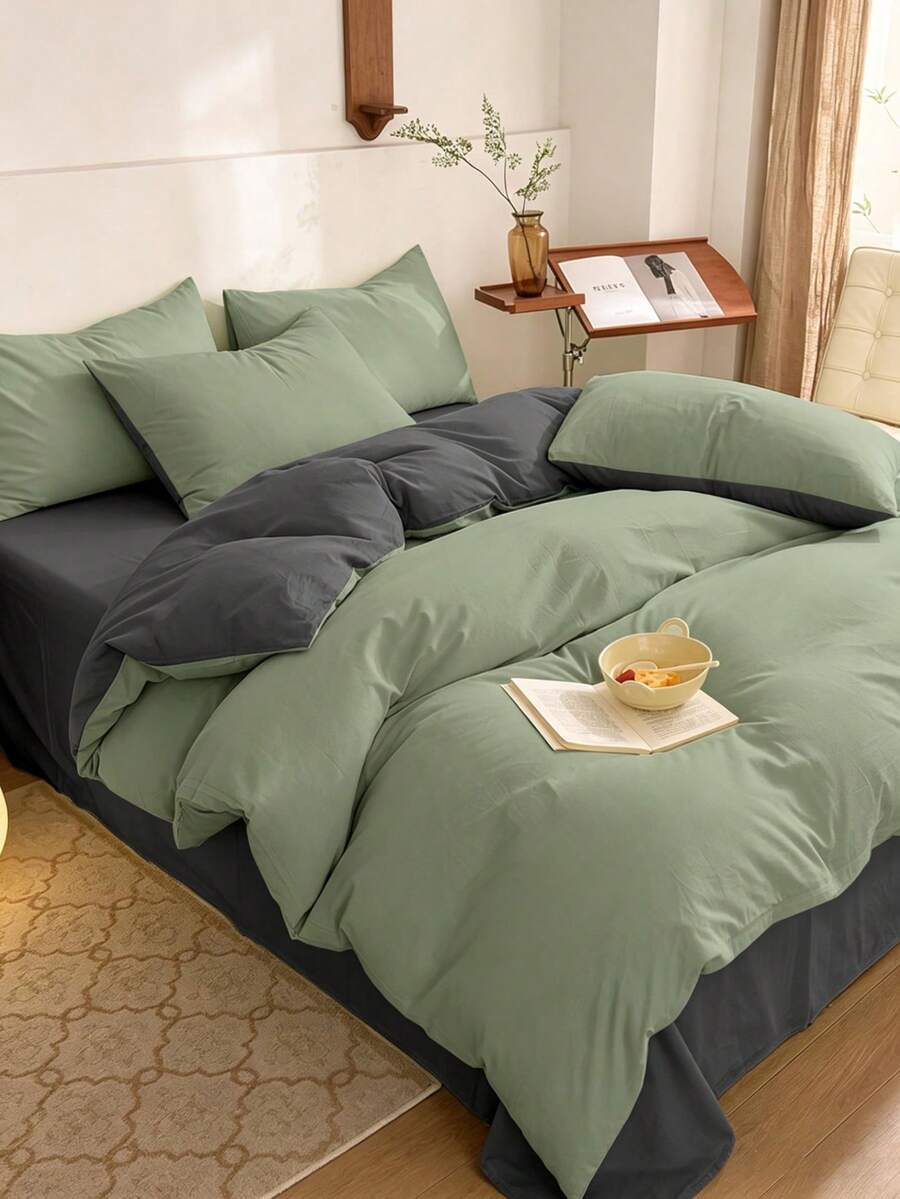 New Solid Color Patchwork Nordic Style Simple Polyester Duvet Cover 3 Pieces Set - Olive Green - View 1