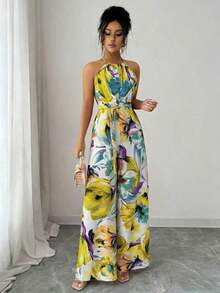 Mono con cintura entallada de tela estampada para mujer, elegante para vacaciones y uso diario con cuello de halter - Multicolor 2 - Ver 4