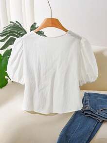 CosyJoli Plus Size Casual Blouse With Puff Sleeves, Embroidery And Front Knot - 藍白 - 查看 2
