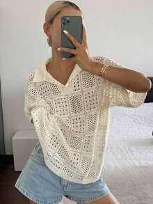 Women's Short-Sleeved Polo Shirt, Loose Fit, Textured And Openwork Fabric, For Summer - Hitam - View 11