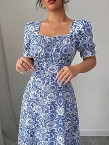 Vestido cuadrado con cuello elegante y estampado floral para mujer, con volantes, mangas con volantes, adecuado para primavera, verano y otoño, vestido corto - Multicolor 6 - Ver 10