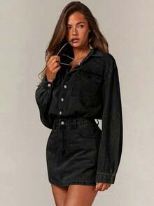 Denim Vestido de mezclilla casual de mujer de manga larga con bolsillo y abotonadura sencilla - Negro - Ver 3