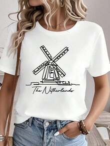 Camiseta gráfica de recuerdo del molino de viento de Zaanse Schans, Ámsterdam, Países Bajos, 100% algodón, Camiseta de cuello redondo 100% algodón para mujer, Ropa de otoño para mujer, Blusas para mujer, Camiseta blanca - Blanco - Ver 1