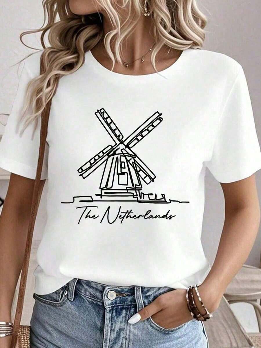 Camiseta gráfica de recuerdo del molino de viento de Zaanse Schans, Ámsterdam, Países Bajos, 100% algodón, Camiseta de cuello redondo 100% algodón para mujer, Ropa de otoño para mujer, Blusas para mujer, Camiseta blanca - Blanco - Ver 1