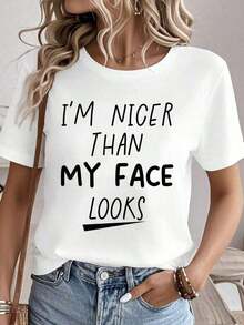 Camisetas gráficas 100% algodón para mujer, tops de verano, camiseta de cuello redondo, ropa de mujer 100% algodón, conjuntos de verano para mujer, camiseta con la frase 'Soy más amable de lo que parece mi cara', camiseta con humor y sarcasmo, tops para mujer, camiseta blanca. - Blanco - Ver 6
