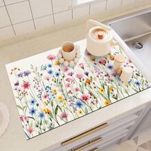 1 pieza Alfombrilla absorbente y de secado con estampado de flores silvestres coloridas, adecuada para el hogar y la cafetería, almohadilla de drenaje multiusos, regalo para el hogar, decoración de mesa - XYLSD-360 - Ver 6