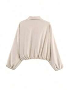 Chaqueta con bolsillo con cremallera de lunares rosas para mujer - Abrigo casual suelto con solapa para primavera/otoño - Beis - Ver 8