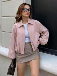 Chaqueta con bolsillo con cremallera de lunares rosas para mujer - Abrigo casual suelto con solapa para primavera/otoño - Rosa - Ver 11
