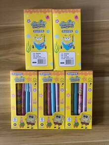 SpongeBob SquarePants 6pcs SquarePants Press Button Ballpoint Pen Set, 0.5mm Black Ink Cartoon Writing Pens With Colorful Barrels For Journaling, Notes, Office Desk Supplies & Stationery Gift - A - View 5