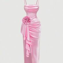 MOD Dreamy 3D Floral High-Slit Satin Dress With Draped Neckline And Ruffle Details – Perfect For Vacation, Romantic Occasions, Beachwear, Date, Picnic, Party, Prom, Festival, And Birthday; Romantic Vintage Court Style,Summer Dresses For Women - Marrón - Ver 6